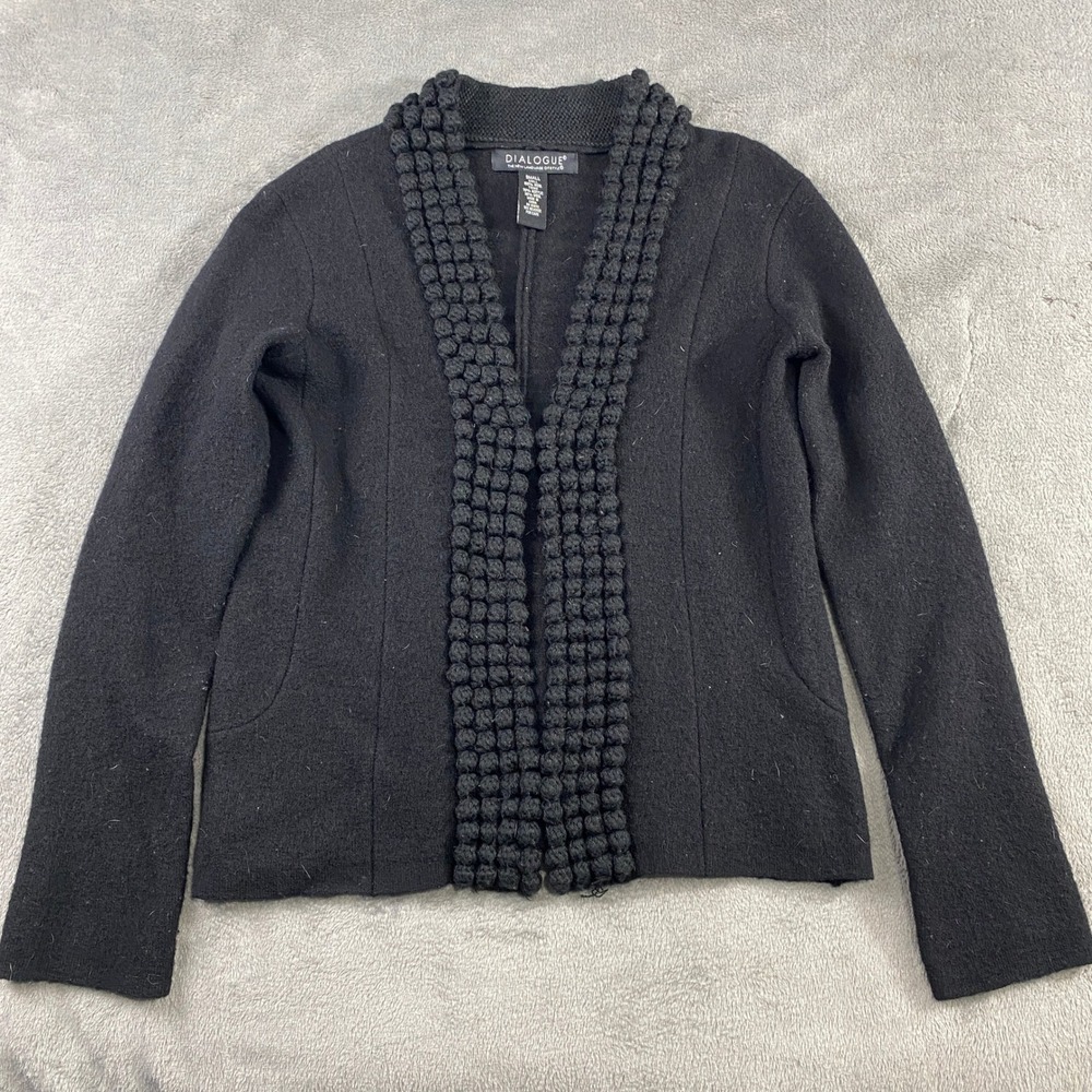 Dialogue Cardigan Sweater‎ Jacket Women's S 100% Wool Black Textured Collar Hook